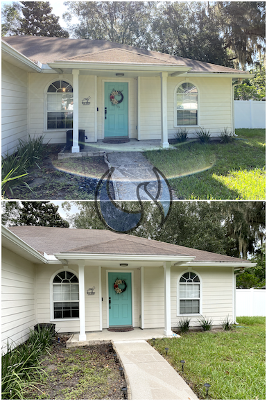 a before and after of the front of a house after painting the trim