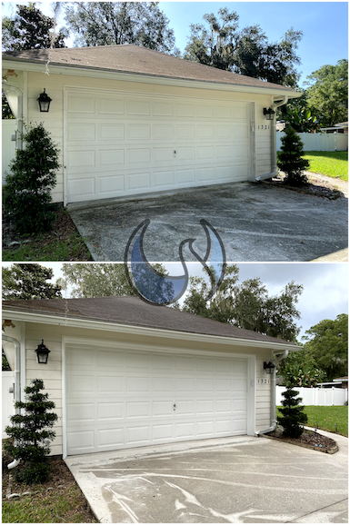 a before and after of a driveway after pressure washing