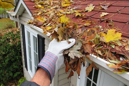 hand cleaning a gutter